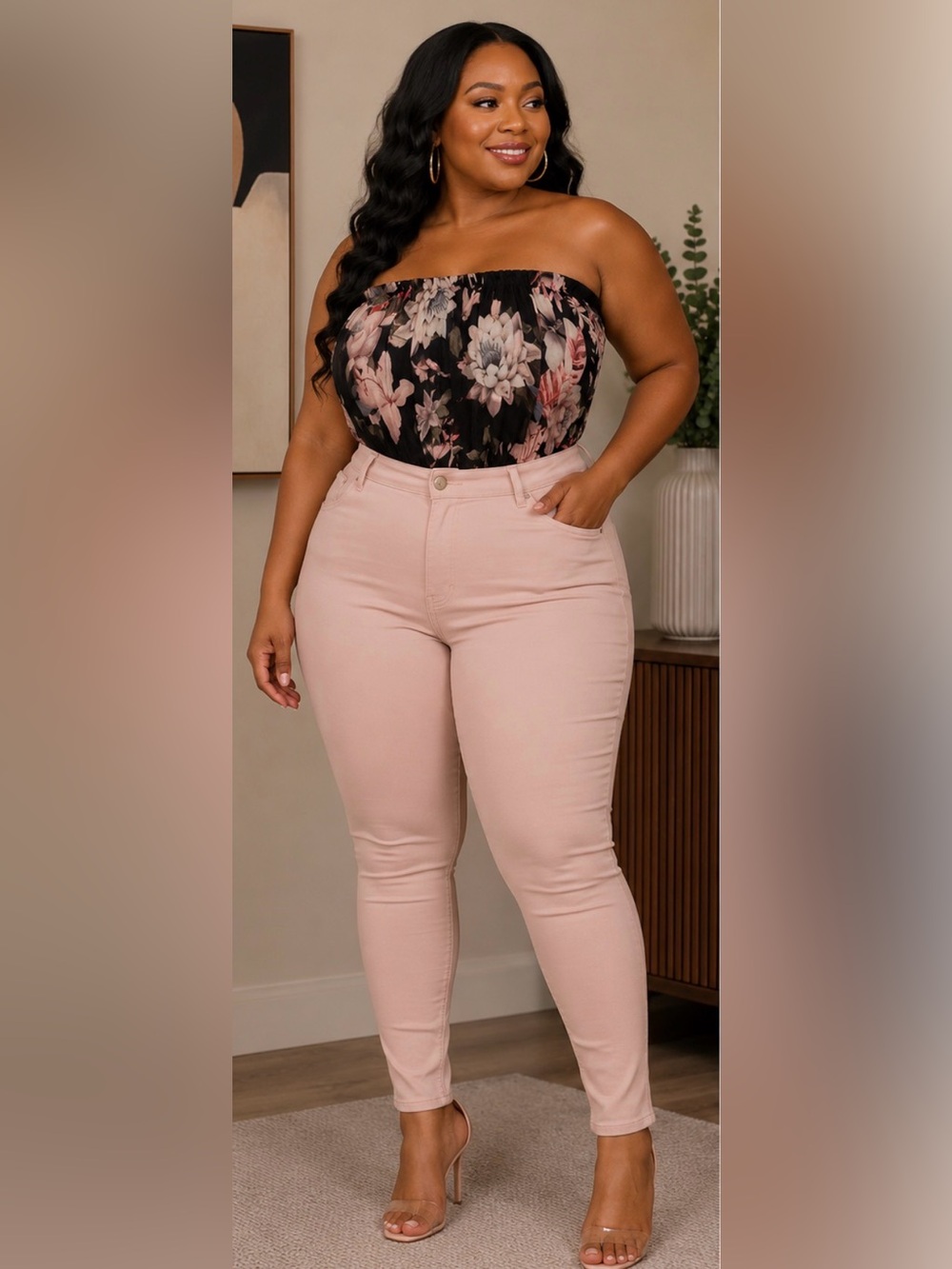 Fashion Nova Black Floral Strapless Ruched Bodysuit